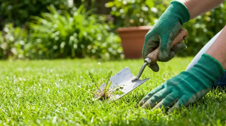 Mani con guanti rimuovono un'erbaccia dal prato con una paletta da giardino