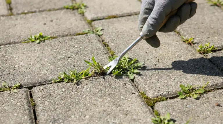 Mano con guanto che rimuove erbacce tra le mattonelle di un vialetto con un attrezzo da giardinaggio