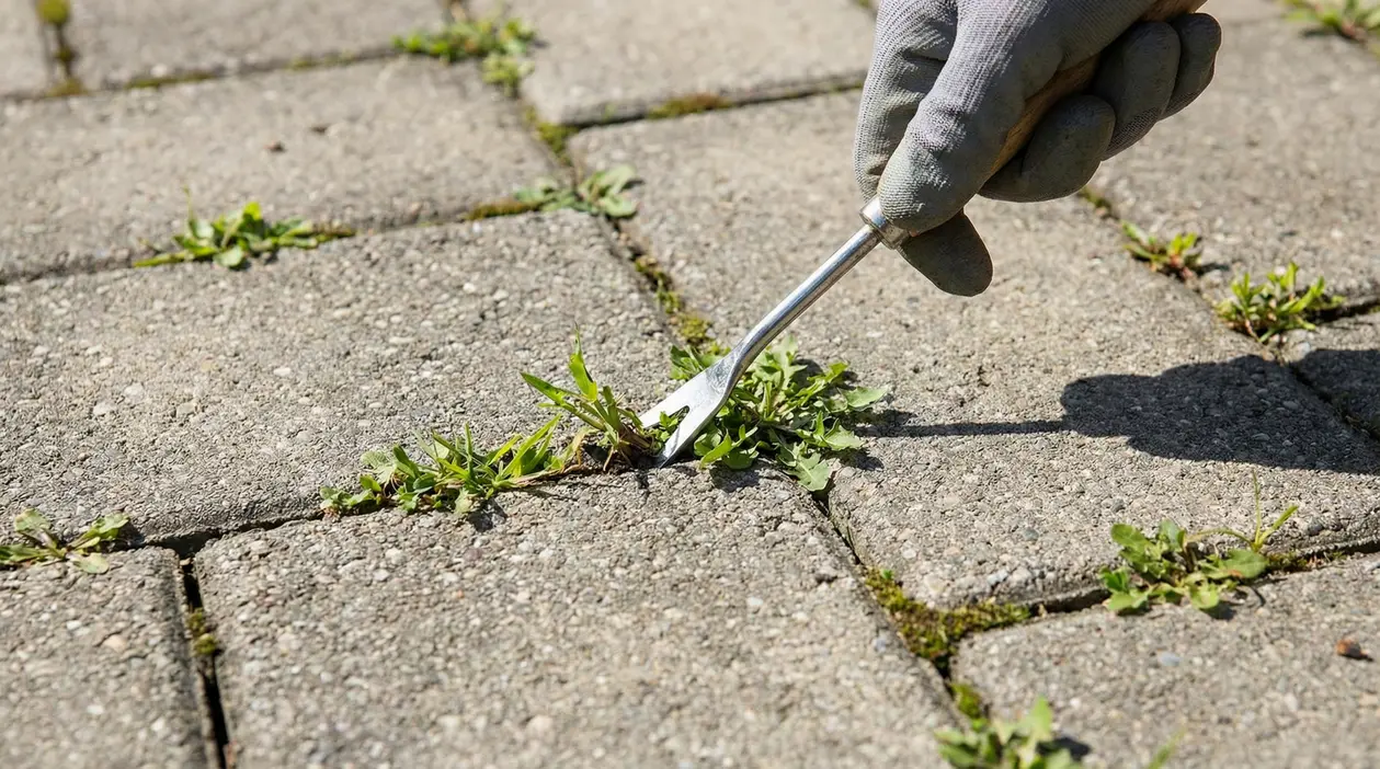 Mano con guanto che rimuove erbacce tra le mattonelle di un vialetto con un attrezzo da giardinaggio