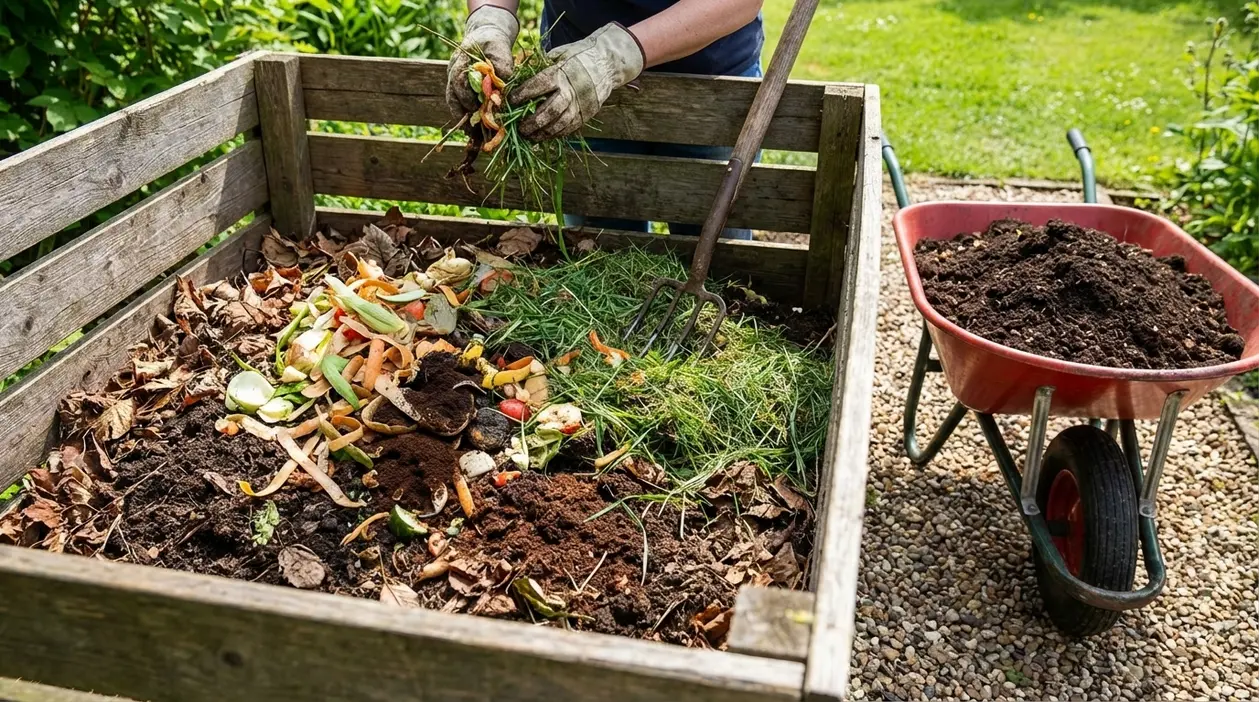 Persona che aggiunge scarti di cucina e foglie in una compostiera di legno in giardino