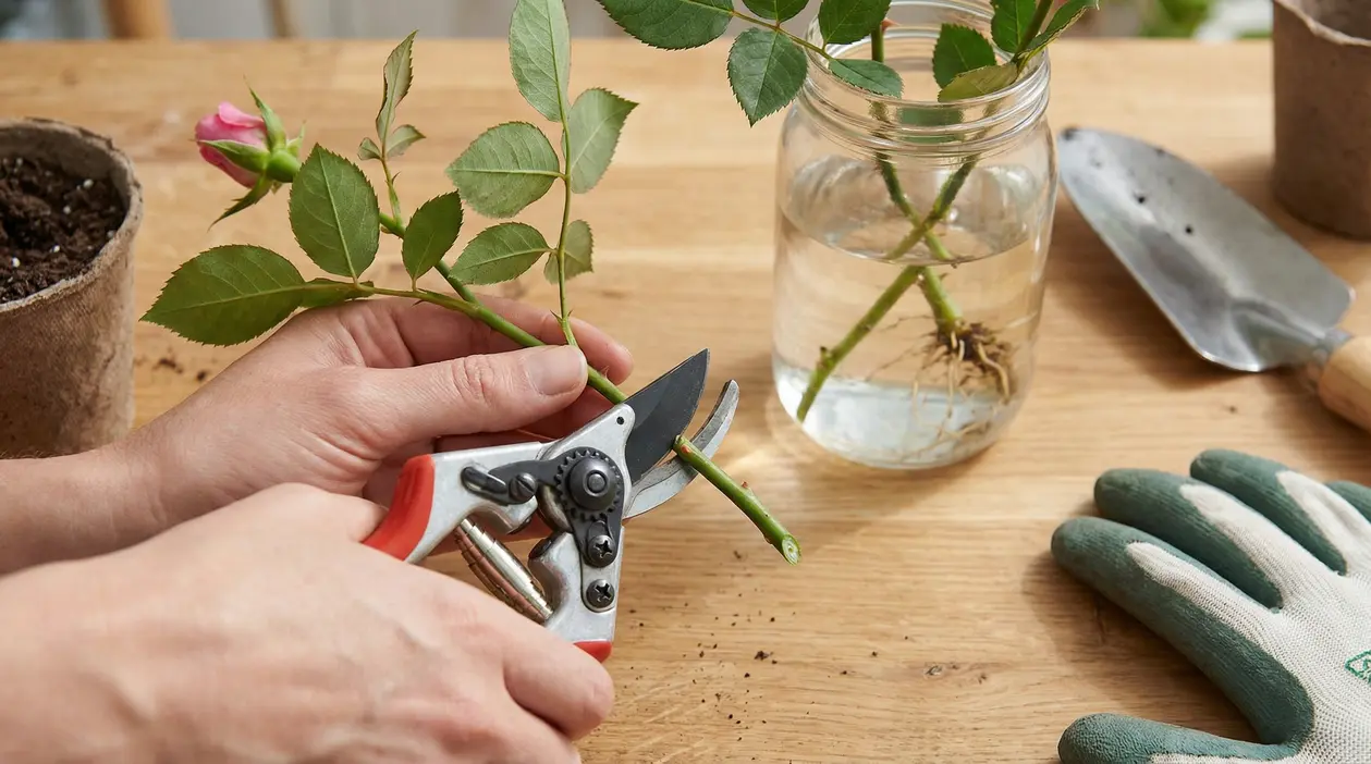 Mani che tagliano un gambo di rosa per fare una talea, con vasetto, acqua e attrezzi da giardinaggio