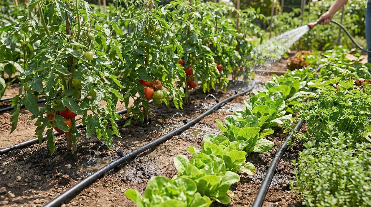 Irrigazione dell’orto con tubo e spruzzo d’acqua tra file di pomodori e insalate su terreno bagnato