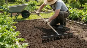 Persona nell’orto che livella il terreno con un rastrello accanto a una carriola