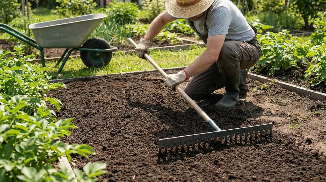 Persona nell’orto che livella il terreno con un rastrello accanto a una carriola