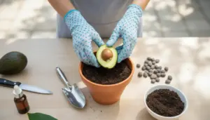 Mani con guanti posizionano un avocado tagliato in un vaso con terriccio per coltivare una pianta di avocado