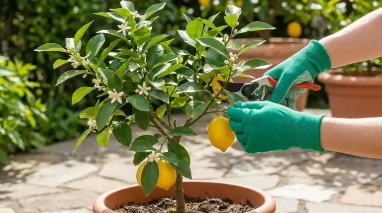 Potatura di un limone in vaso con cesoie da giardino per favorire crescita e fruttificazione