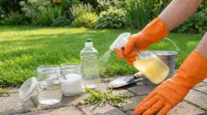 Persona con guanti spruzza un diserbante naturale su erbacce tra i pavé del giardino