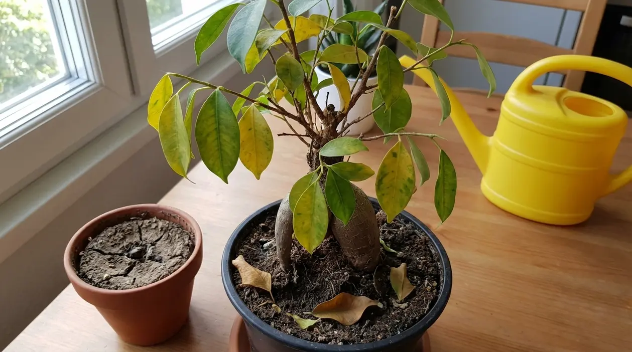 Pianta da interno sofferente con foglie gialle e cadute, vaso con terriccio secco e annaffiatoio sul tavolo