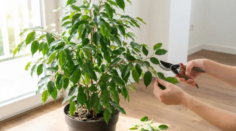 Mani che potano un ficus benjamin in vaso vicino a una finestra luminosa