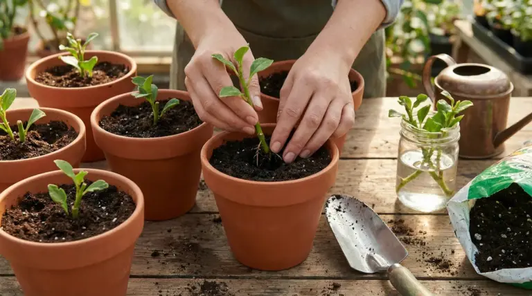 Mani che piantano una talea in un vaso di terracotta con terriccio, altri vasetti e talee in acqua sul tavolo