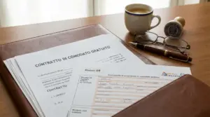 Documenti per comodato d’uso gratuito su scrivania con penna, occhiali, timbro e tazza di caffè