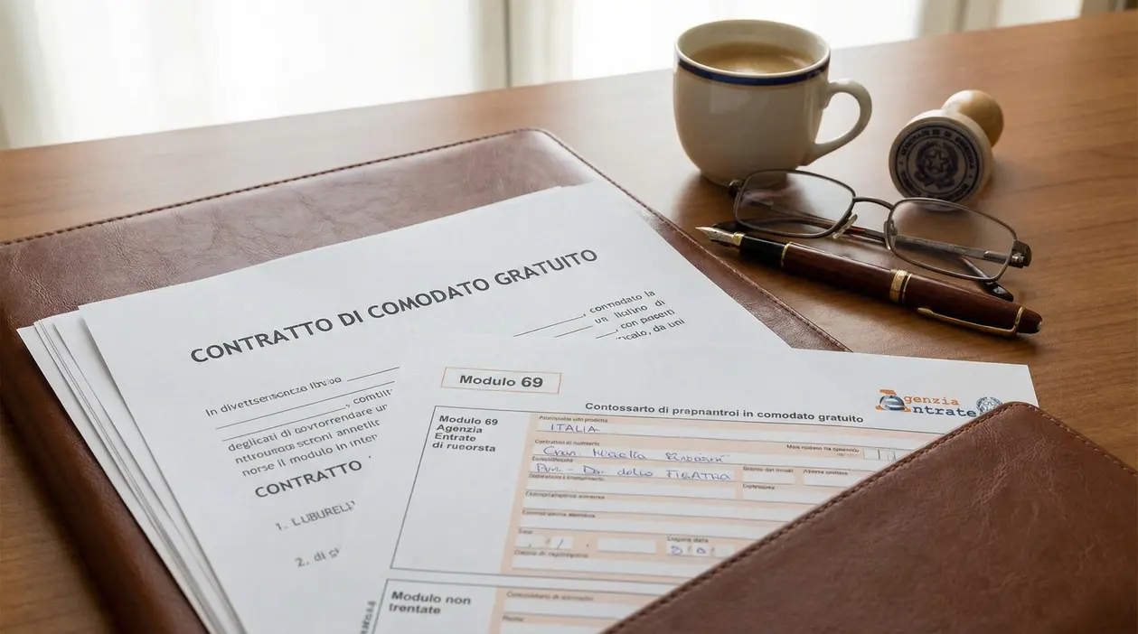 Documenti per comodato d’uso gratuito su scrivania con penna, occhiali, timbro e tazza di caffè
