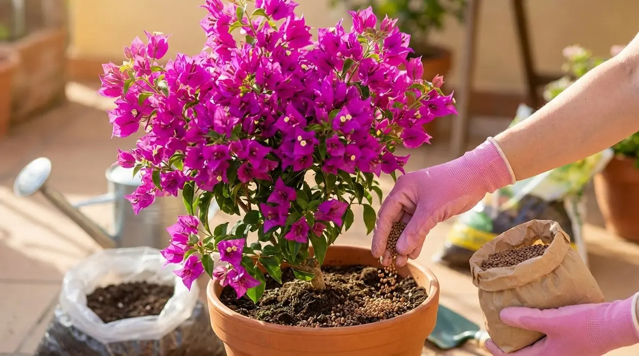 Mani con guanti distribuiscono concime granulare a una bouganville in vaso con fiori viola