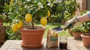 Pianta di limone in vaso con frutti maturi mentre si aggiunge concime granulare in giardino