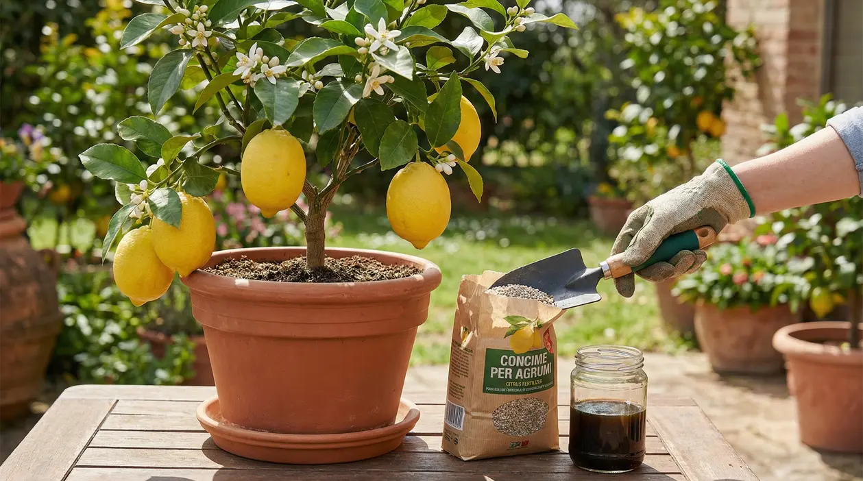 Pianta di limone in vaso con frutti maturi mentre si aggiunge concime granulare in giardino