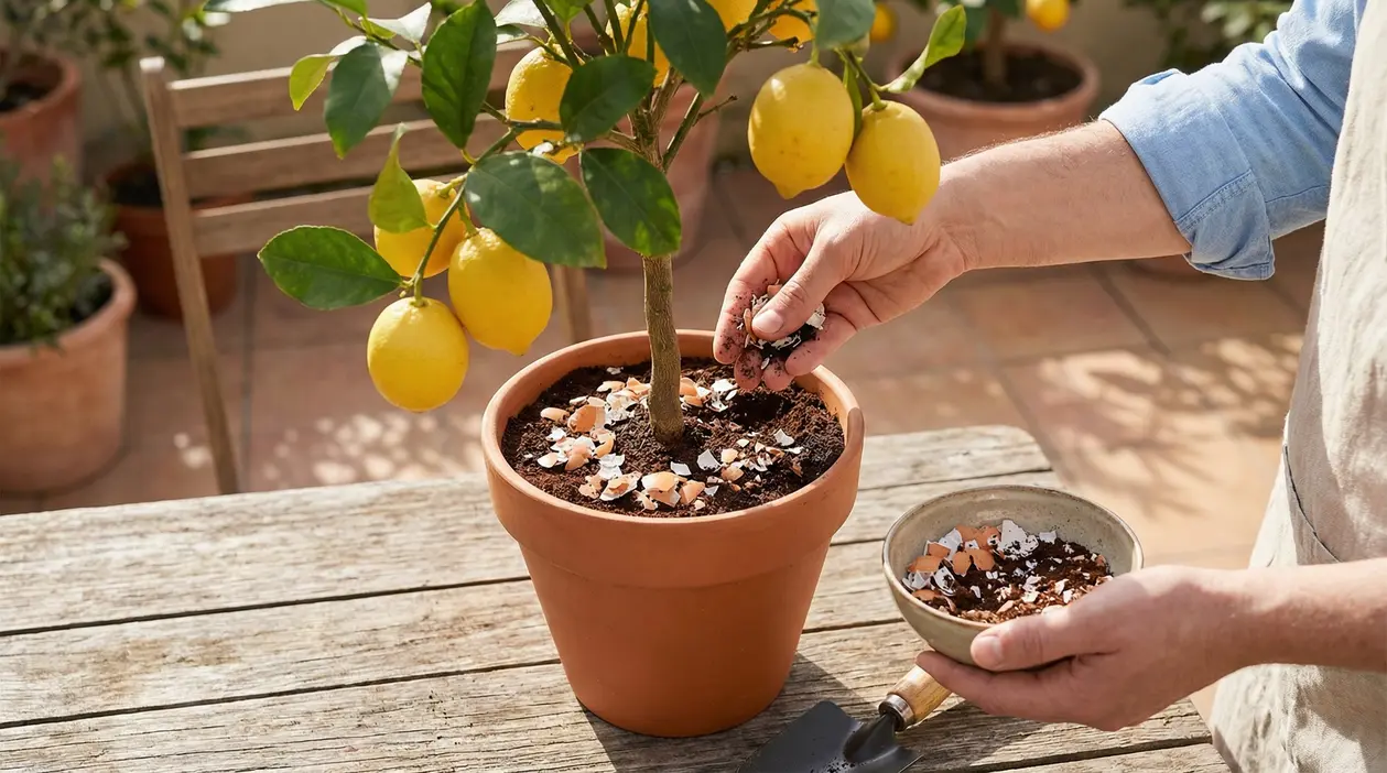 Mano che sparge gusci d’uovo sbriciolati nel vaso di un limone carico di frutti su un tavolo da esterno