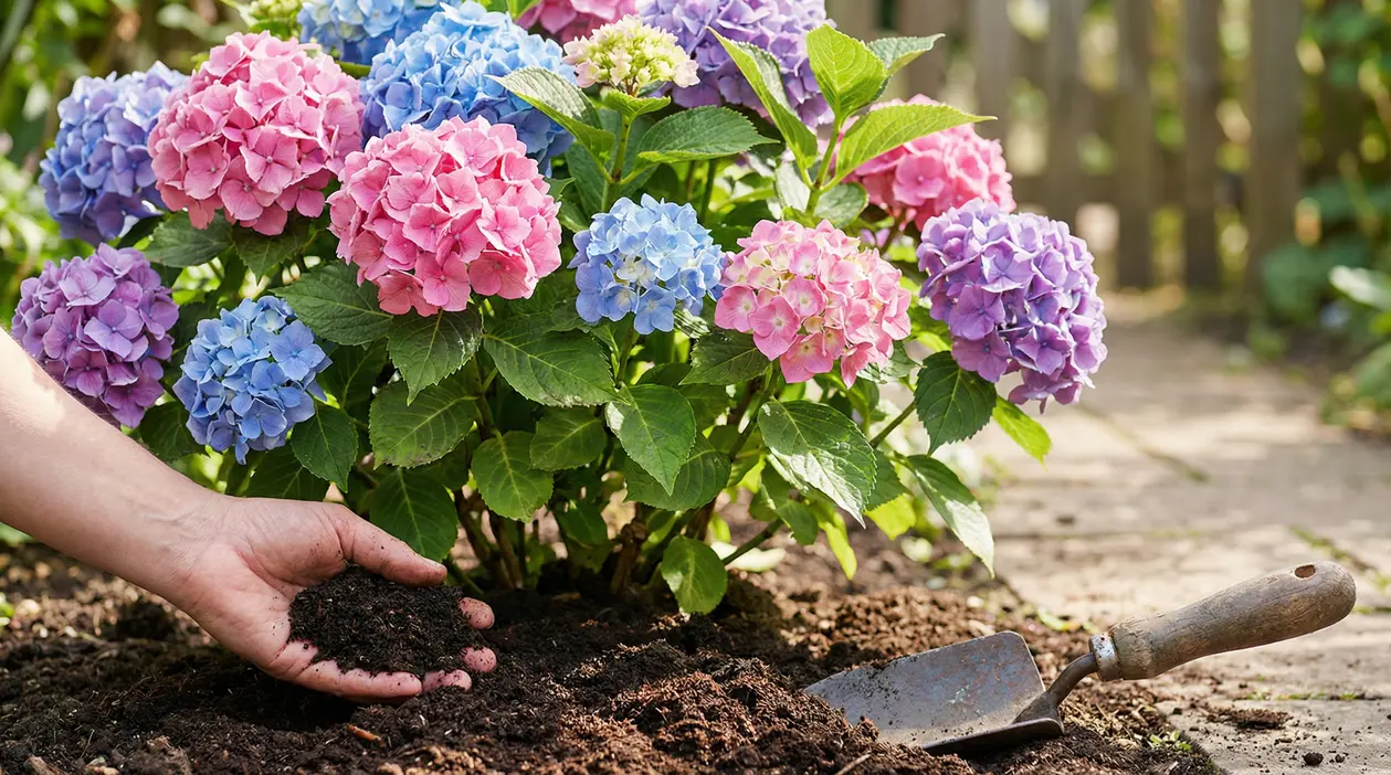 Mano che distribuisce concime naturale alla base di ortensie rosa, blu e viola in giardino