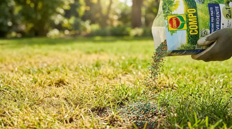Mano con guanto sparge concime granulare su un prato ingiallito e diradato in giardino