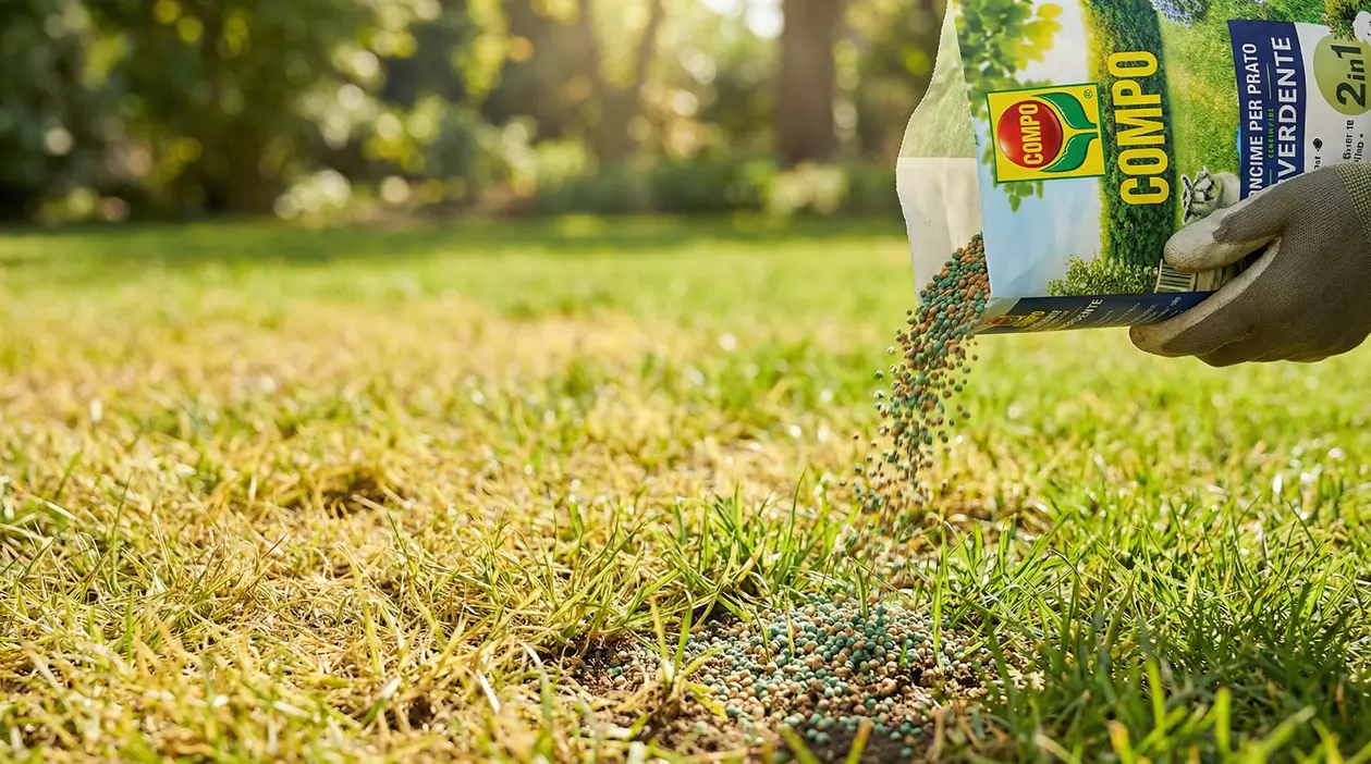 Mano con guanto sparge concime granulare su un prato ingiallito e diradato in giardino