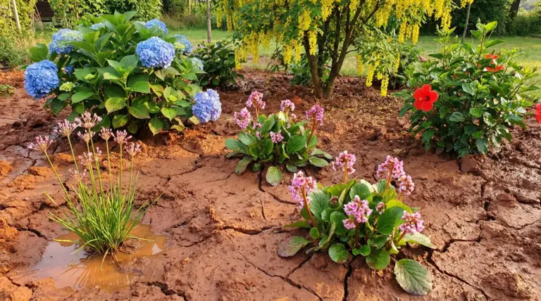 Aiuola su terreno argilloso e compatto con crepe, ortensie blu e fiori rosa e rossi in giardino