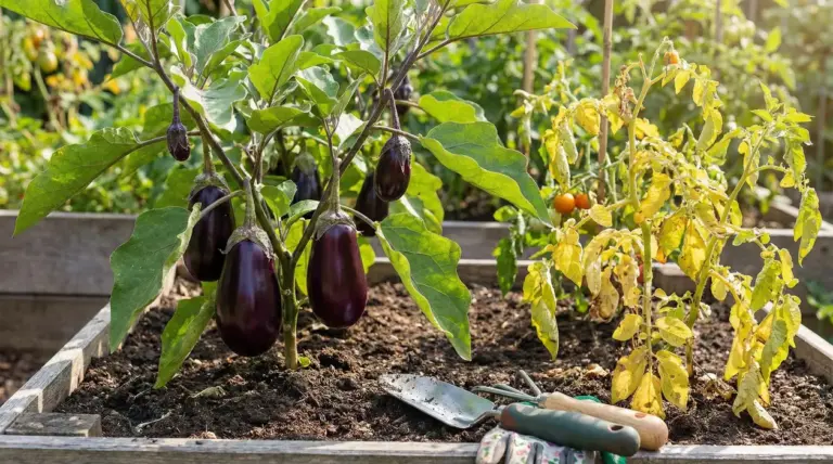 Pianta di melanzane sana accanto a pomodori ingialliti in un orto rialzato