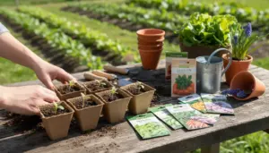 Mani che sistemano piantine in vasetti biodegradabili su un tavolo da orto con semi e attrezzi da giardinaggio