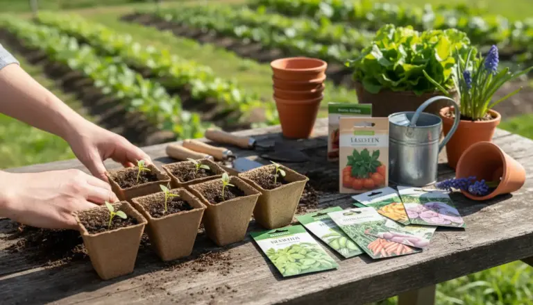 Mani che sistemano piantine in vasetti biodegradabili su un tavolo da orto con semi e attrezzi da giardinaggio