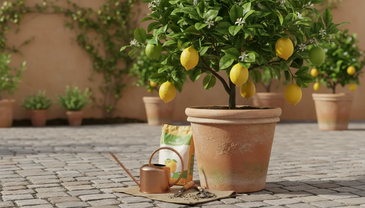 Pianta di limone in vaso di terracotta con limoni maturi e fiori, con annaffiatoio e concime da agrumi