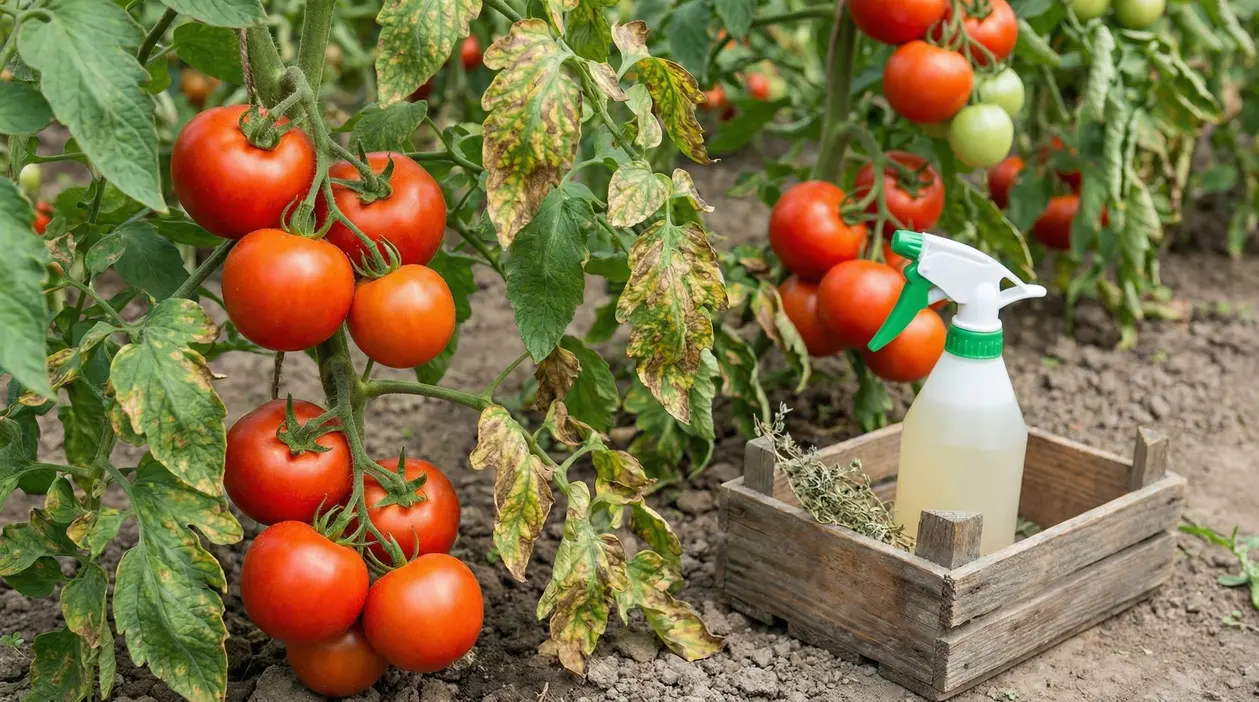Pomodori sulla pianta con foglie macchiate e flacone spray per trattamento naturale in orto