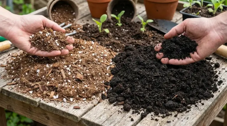 Confronto tra terriccio e humus tenuti in mano su un tavolo da giardinaggio con piantine sullo sfondo