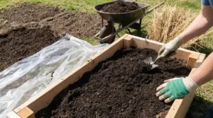 Persona con guanti lavora il terriccio in un cassone di legno nell’orto, con telo di plastica e carriola sullo sfondo
