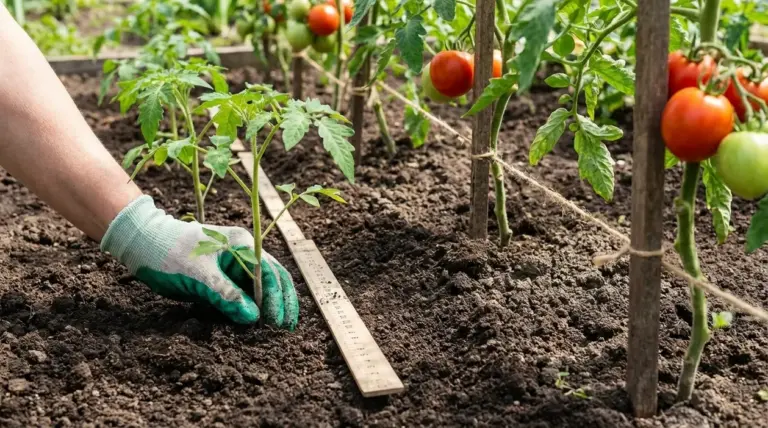 Mano con guanto che pianta una piantina di pomodoro misurando la giusta distanza nell’orto