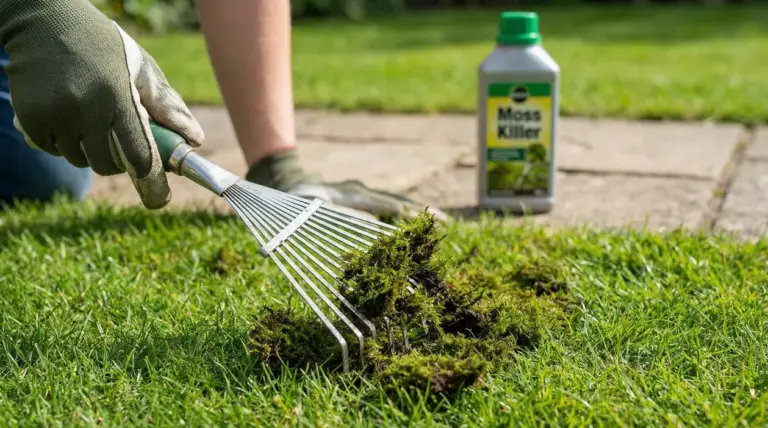 Persona con guanti rimuove il muschio dal prato con un rastrello a ventaglio, con prodotto specifico sullo sfondo
