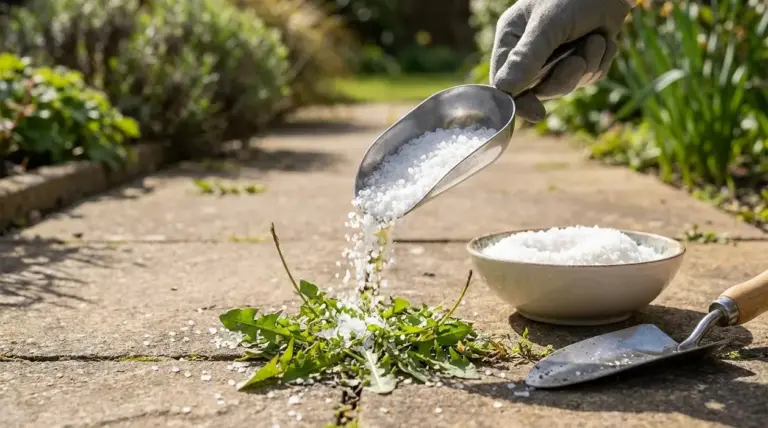 Mano con guanto versa sale grosso su erbacce tra le fessure di un vialetto in giardino