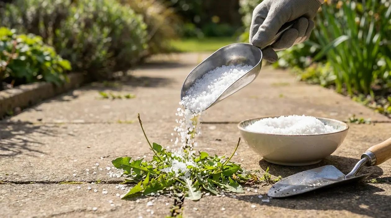 Mano con guanto versa sale grosso su erbacce tra le fessure di un vialetto in giardino