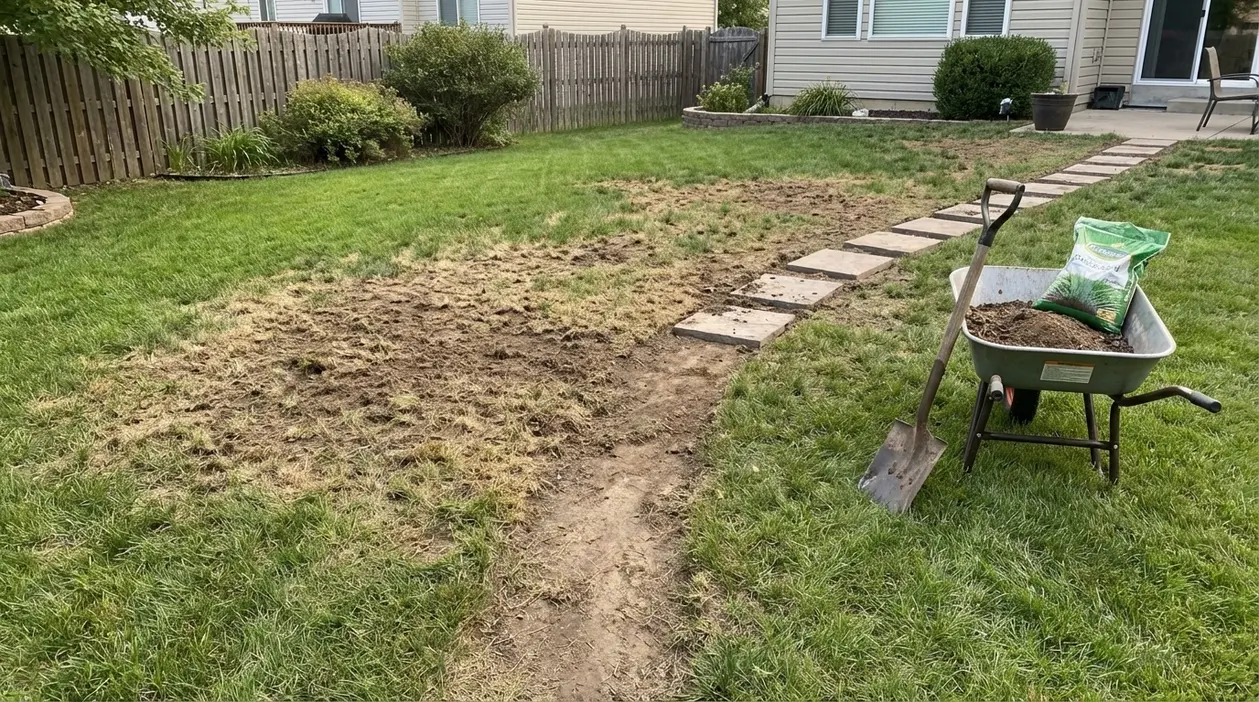 Zona del prato con erba diradata e chiazze secche durante il ripristino con terra e attrezzi da giardino
