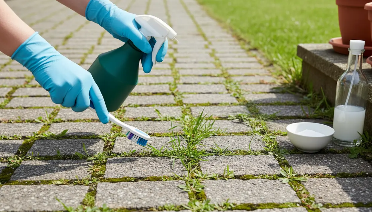 Mani con guanti che spruzzano e spazzolano le erbacce tra le fughe di un vialetto in pietra