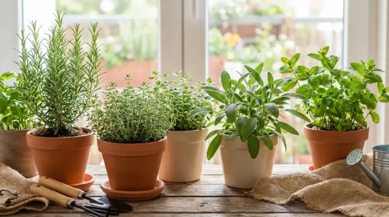 Vasi di erbe aromatiche come rosmarino, timo, salvia e menta coltivate sul davanzale di casa