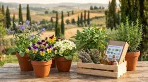 Vasi di erbe officinali e fiori su un tavolo rustico, con rosmarino e salvia in un paesaggio di campagna