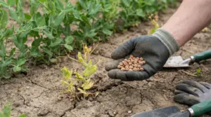 Mano con semi di piselli accanto a una pianta ingiallita nell'orto, segno di semina nel periodo sbagliato