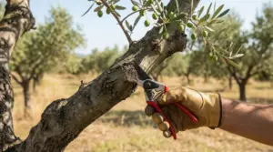 Mano con cesoie che pota un ramo di ulivo con olive verdi in un oliveto