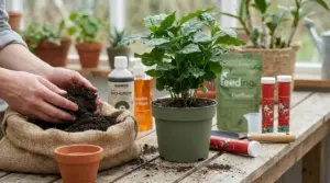 Mani che preparano terriccio e fertilizzante naturale accanto a una pianta in vaso su un tavolo da giardinaggio