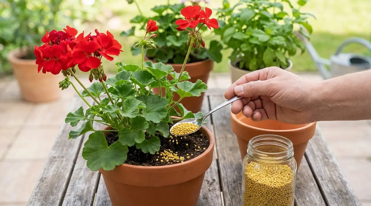 Mano che distribuisce fertilizzante granulare naturale su una pianta in vaso con fiori rossi