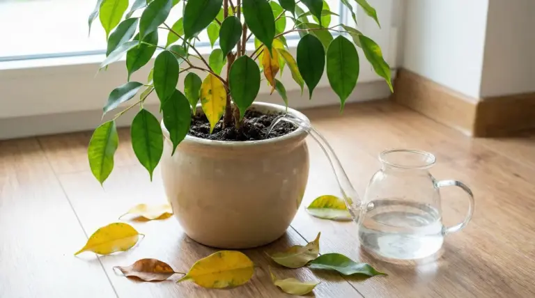 Ficus in vaso con foglie ingiallite e cadute sul pavimento, vicino a una caraffa d’acqua accanto alla finestra