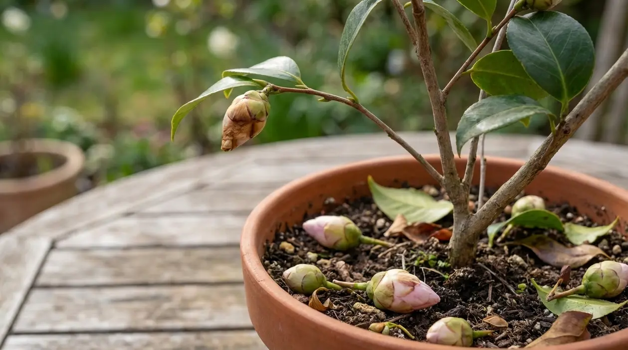 Boccioli caduti in un vaso di camelia, con un fiore secco ancora sul ramo prima della sbocciatura