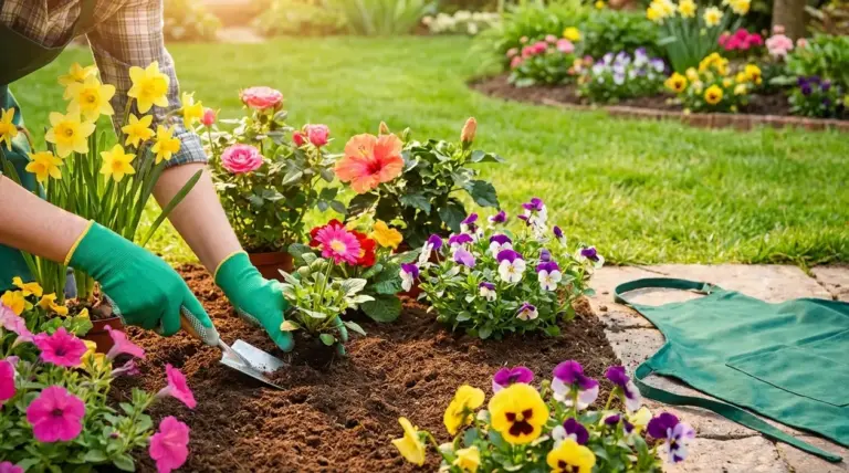 Persona con guanti da giardinaggio che pianta fiori colorati in aiuola per un giardino primaverile