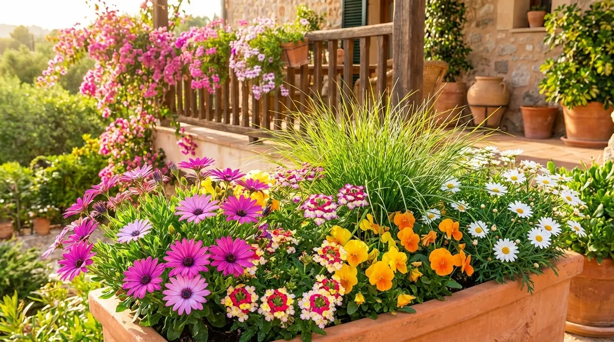 Fioriera soleggiata con fiori colorati resistenti al caldo davanti a un portico in campagna