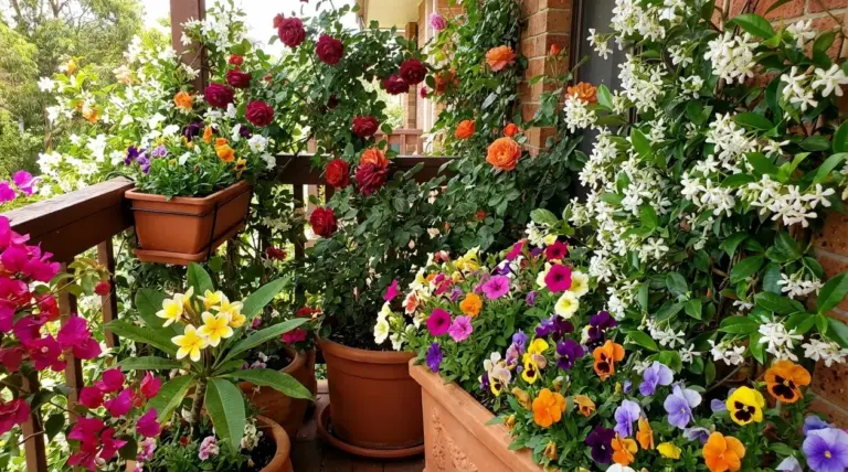 Balcone fiorito con rose, gelsomino e vasi colorati che creano un angolo profumato e rigoglioso