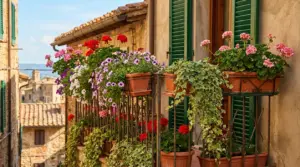 Balcone fiorito con gerani, petunie ed edera in vaso su una facciata di borgo italiano
