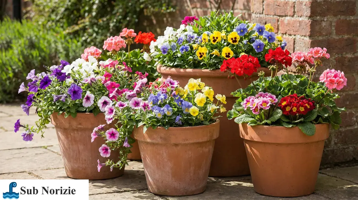 Grandi vasi in terracotta con fiori colorati e resistenti, ideali per balcone o giardino tutto l’anno
